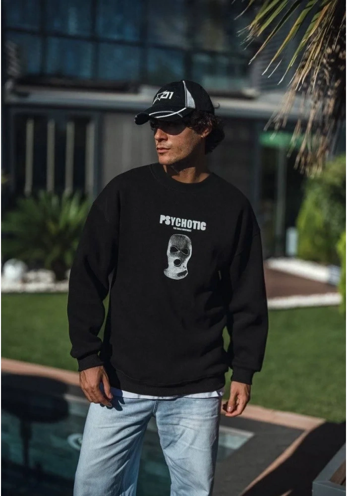 Erkek 3 iplik pamuklu Kışlık Bisiklet Yaka Baskılı SweatShirt - Siyah