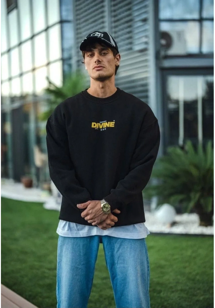 Erkek 3 iplik pamuklu Kışlık Bisiklet Yaka Baskılı SweatShirt - Siyah