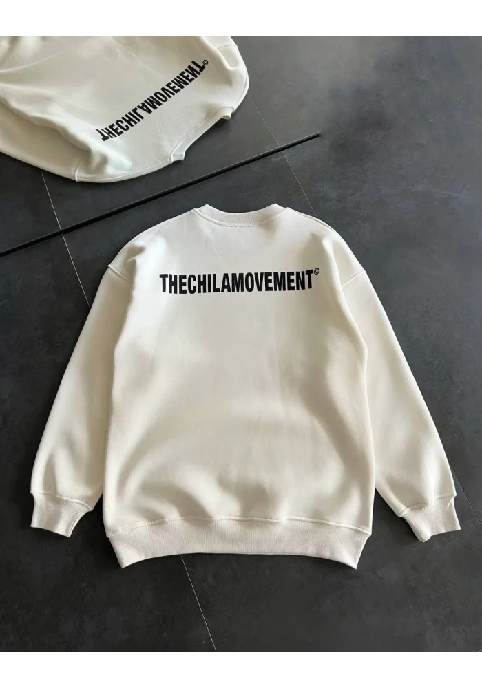 Erkek 3 iplik pamuklu Kışlık Bisiklet Yaka Oversize Baskılı SweatShirt - Beyaz