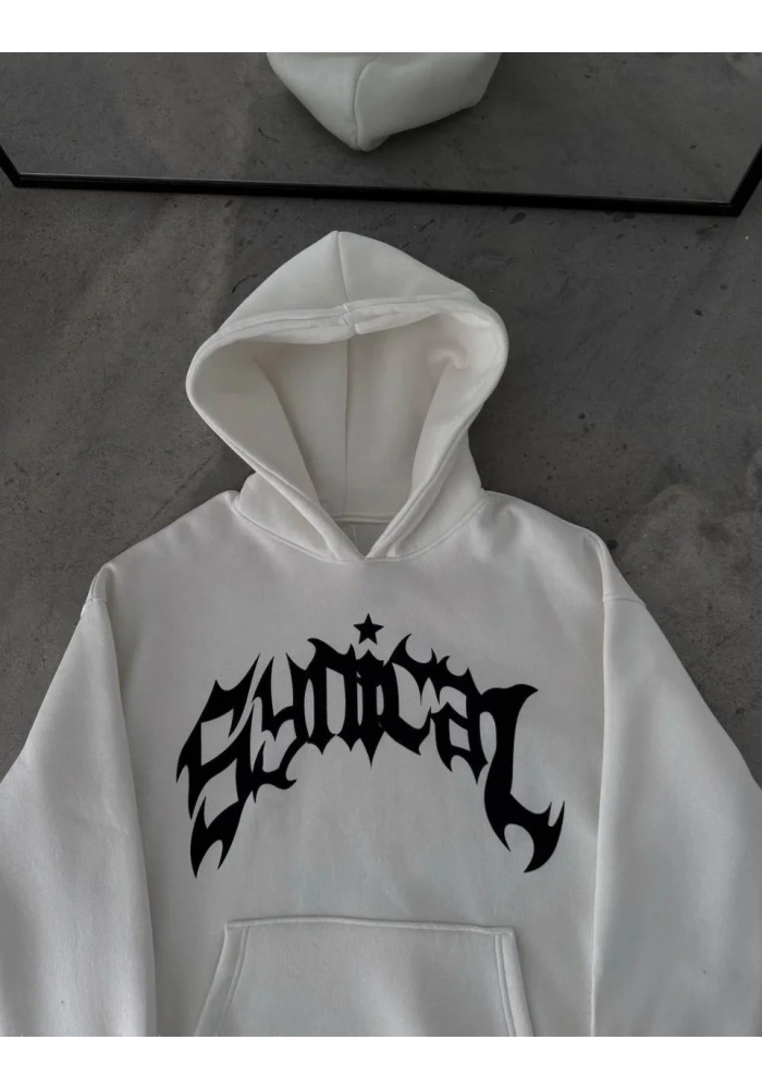 Erkek Kapüşonlu Kanguru Cepli Sweatshirt 3 İplik Pamuklu Baskılı Hoodie - Beyaz
