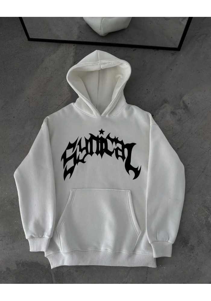 Erkek Kapüşonlu Kanguru Cepli Sweatshirt 3 İplik Pamuklu Baskılı Hoodie - Beyaz
