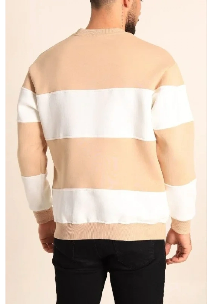 Erkek 3 iplik pamuklu Parçalı Bisiklet Yaka SweatShirt - Bej