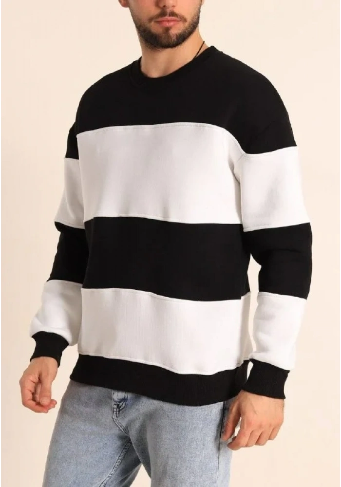 Erkek 3 iplik pamuklu Parçalı Bisiklet Yaka SweatShirt - Siyah