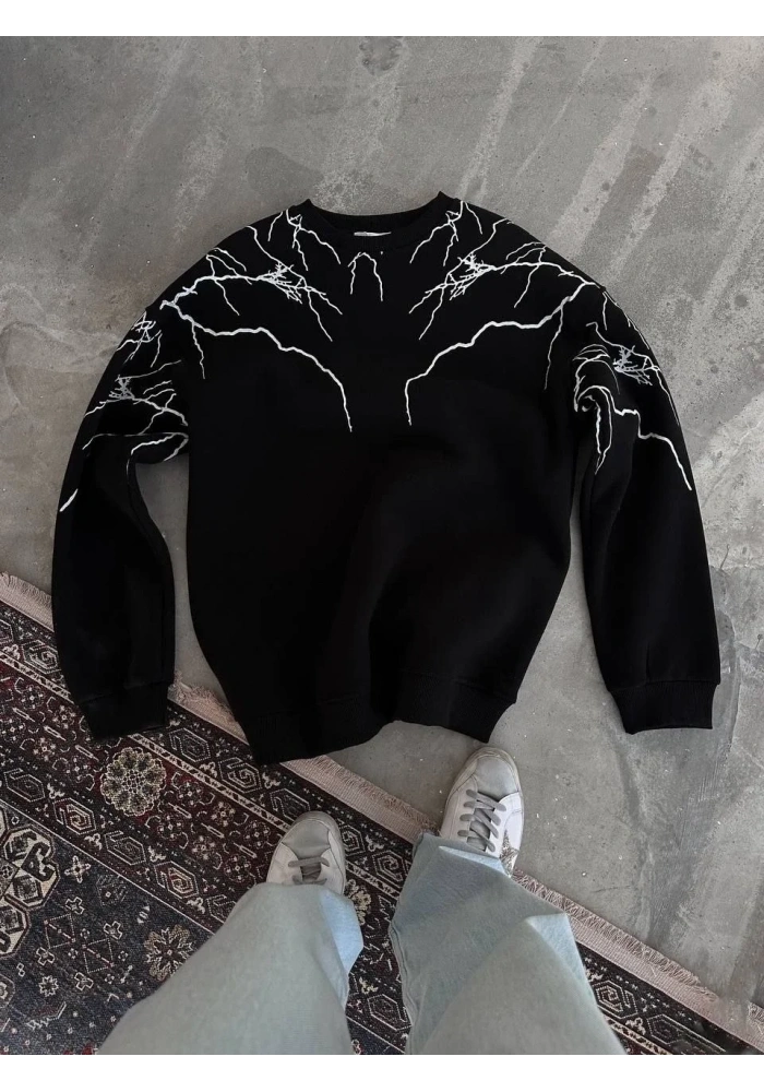 Erkek 3 iplik pamuklu Yıldırım Baskılı Bisiklet Yaka SweatShirt - Siyah