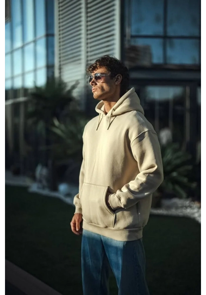 Erkek 3 İplik Pamuklu Kapüşonlu Basic SweatShirt Hoodie - Bej