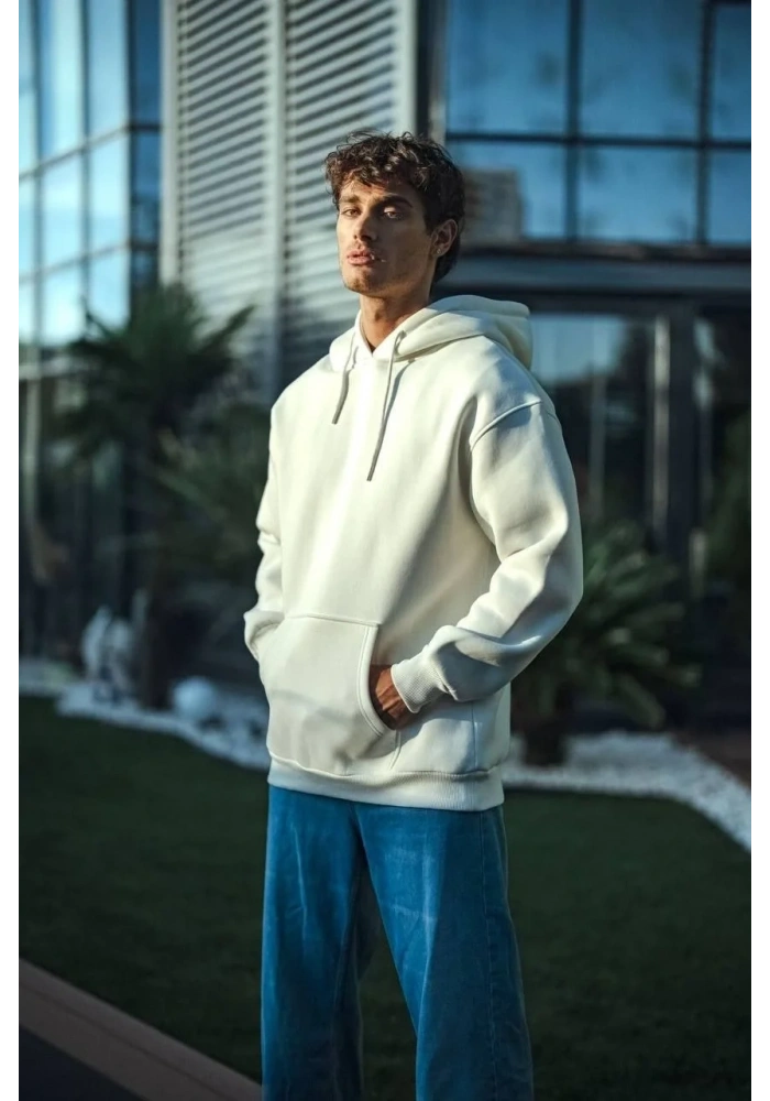 Erkek 3 İplik Pamuklu Kapüşonlu Basic SweatShirt Hoodie - Beyaz