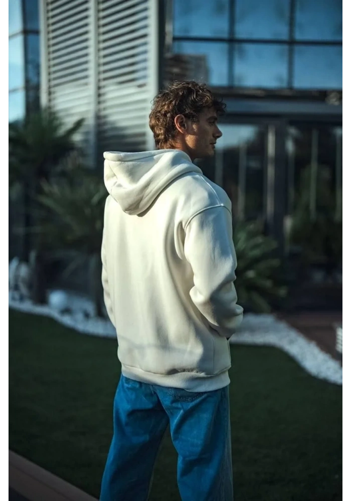 Erkek 3 İplik Pamuklu Kapüşonlu Basic SweatShirt Hoodie - Beyaz