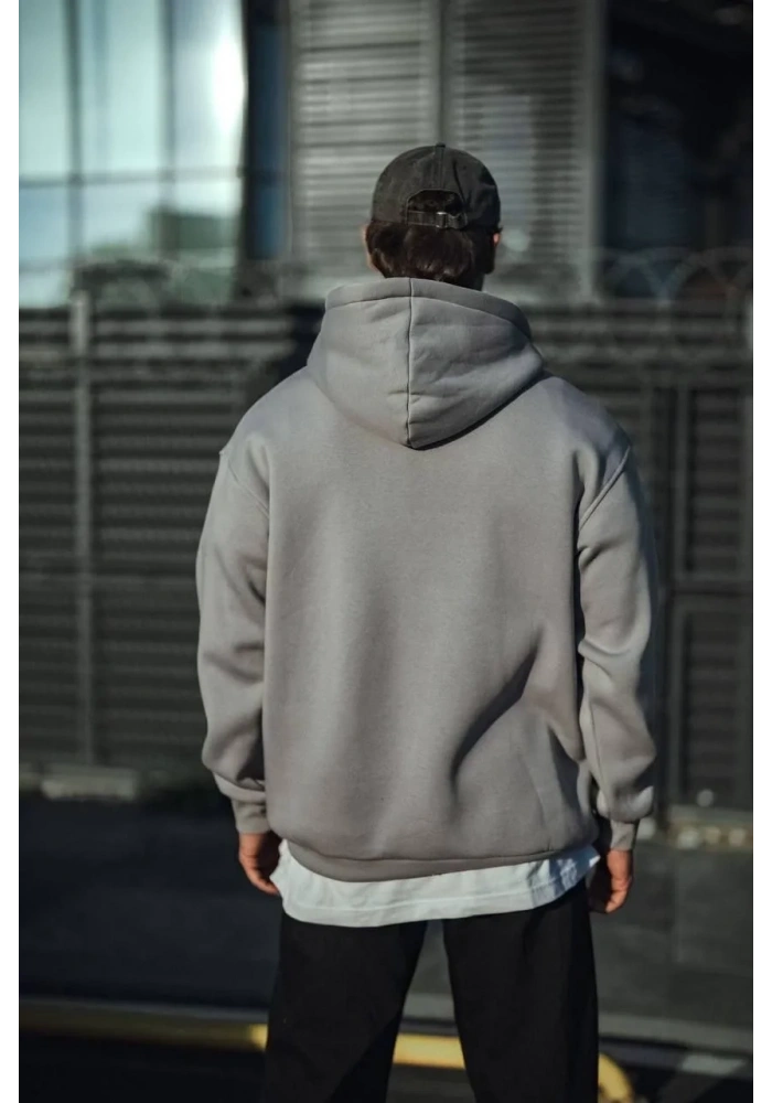 Erkek 3 İplik Penye Kapüşonlu Basic SweatShirt Hoodie - Boyalı Gri