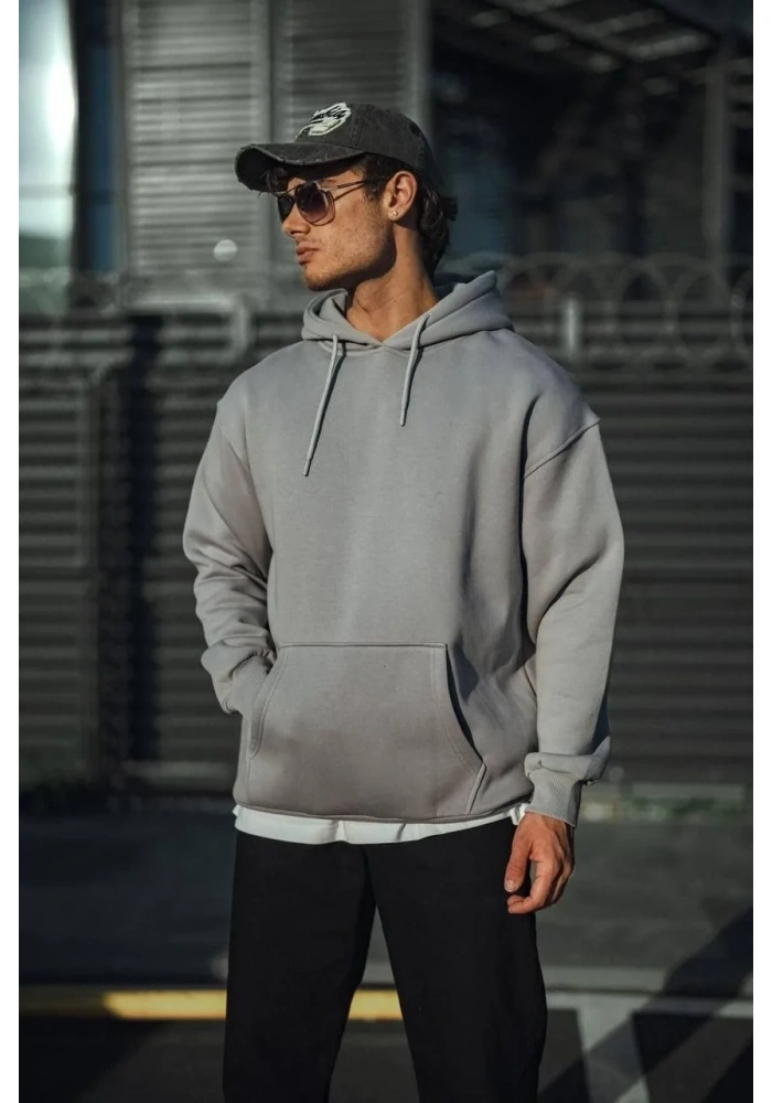 Erkek 3 İplik Penye Kapüşonlu Basic SweatShirt Hoodie - Boyalı Gri