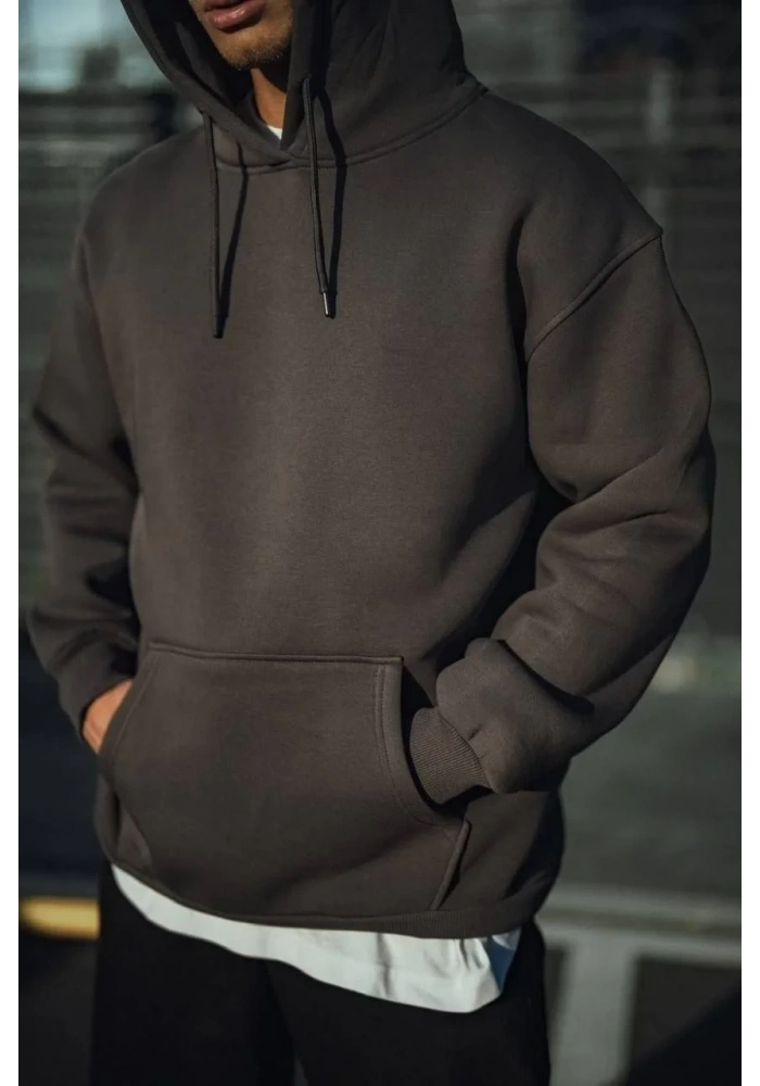 Erkek 3 İplik Pamuklu Kapüşonlu Basic SweatShirt Hoodie - Füme