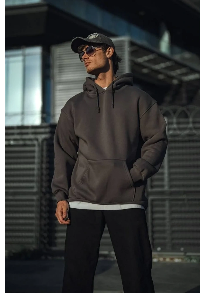 Erkek 3 İplik Pamuklu Kapüşonlu Basic SweatShirt Hoodie - Füme