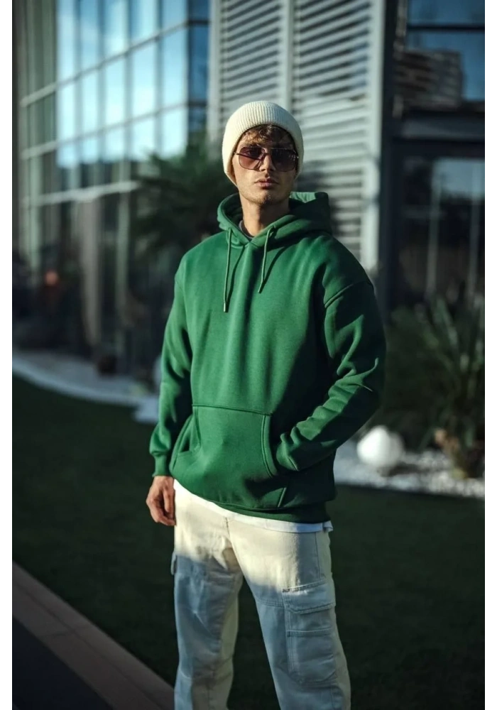 Erkek 3 İplik Pamuklu Kapüşonlu Basic SweatShirt Hoodie - Haki