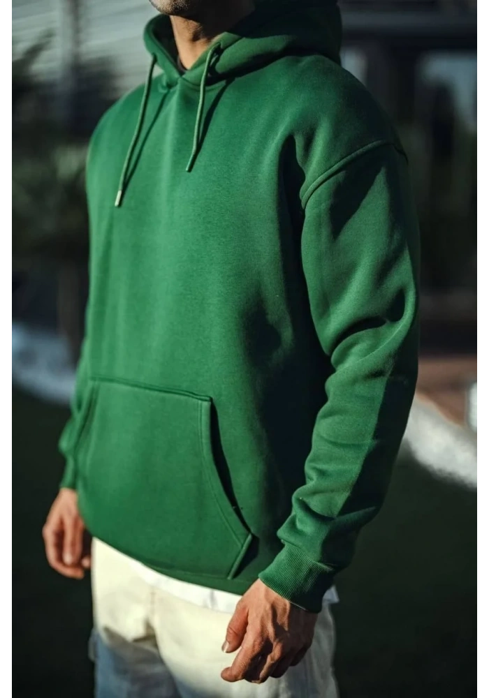 Erkek 3 İplik Pamuklu Kapüşonlu Basic SweatShirt Hoodie - Haki