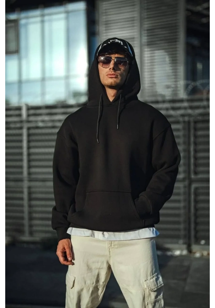 Erkek 3 İplik Pamuklu Kapüşonlu Basic SweatShirt Hoodie - Siyah