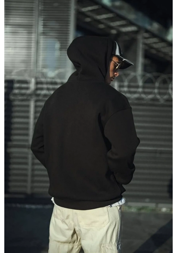 Erkek 3 İplik Pamuklu Kapüşonlu Basic SweatShirt Hoodie - Siyah