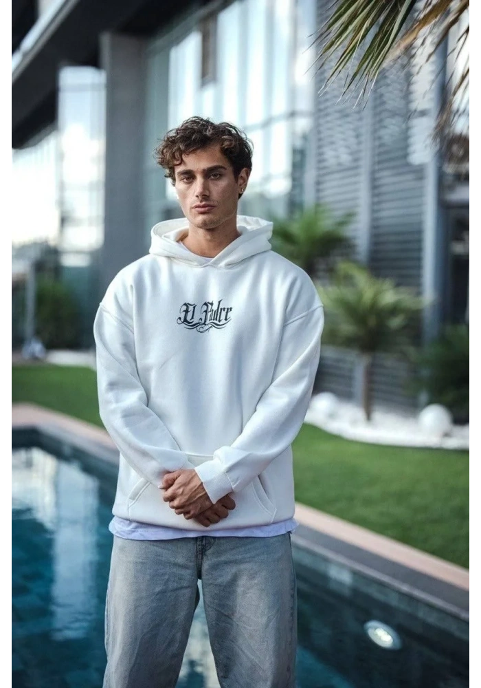 Erkek Kapüşonlu Kanguru Cepli Sweatshirt 3 İplik Pamuklu Baskılı Hoodie - Beyaz
