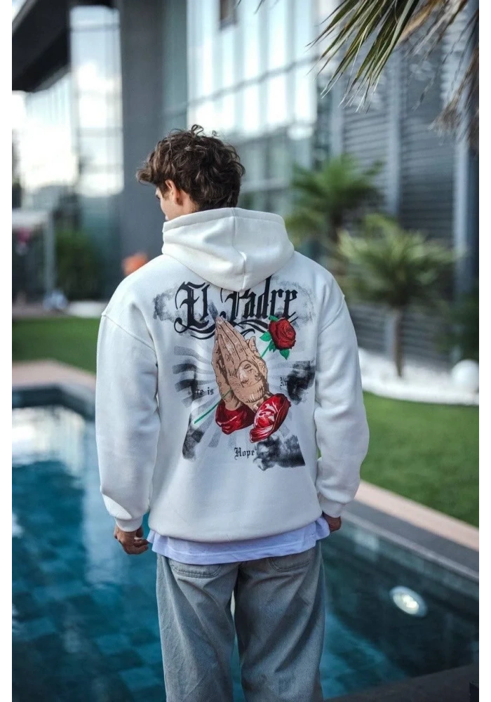 Erkek Kapüşonlu Kanguru Cepli Sweatshirt 3 İplik Pamuklu Baskılı Hoodie - Beyaz