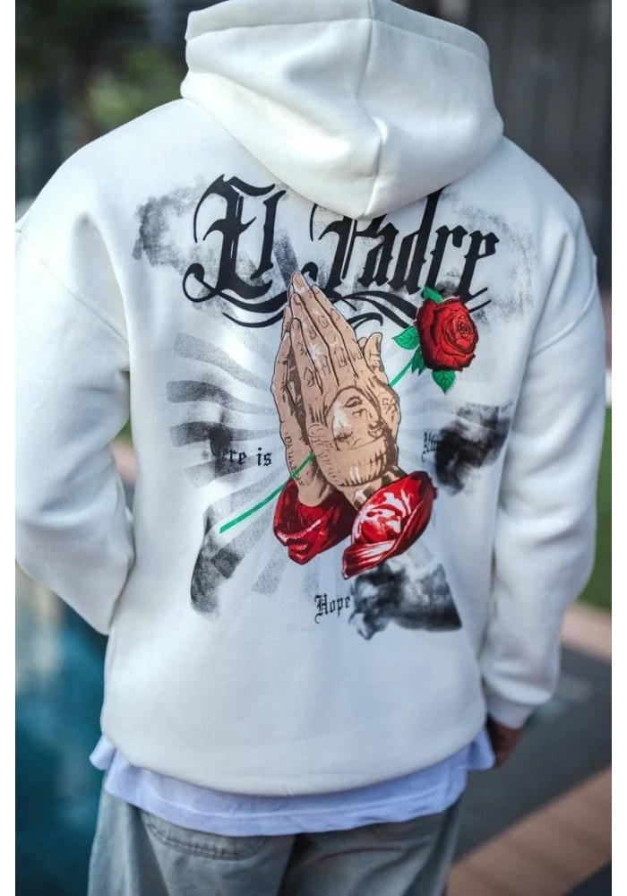 Erkek Kapüşonlu Kanguru Cepli Sweatshirt 3 İplik Pamuklu Baskılı Hoodie - Beyaz