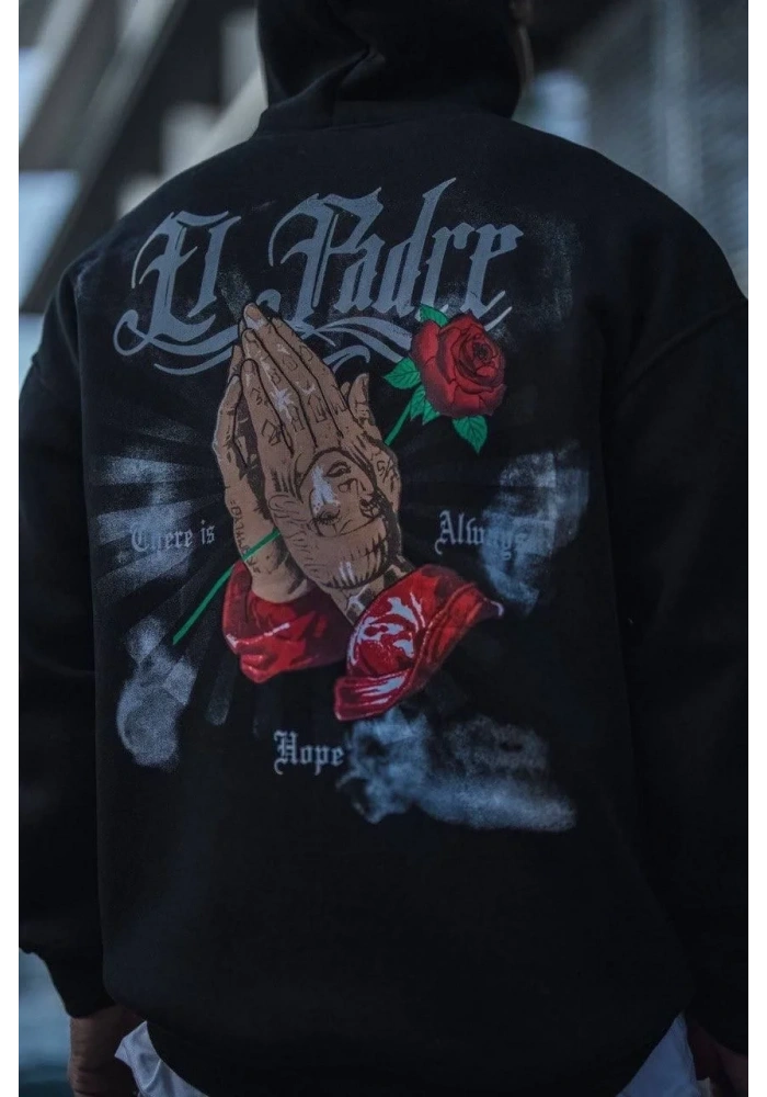 Erkek 3 İplik Pamuklu Kapüşonlu Baskılı Cepli Oversize Sweatshirt Hoodie - Siyah