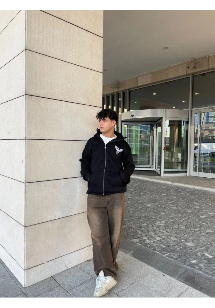 Erkek 3 iplik Samuray kapüşonlu ZIP Fermuarlı SweatShirt Hoodie - Siyah