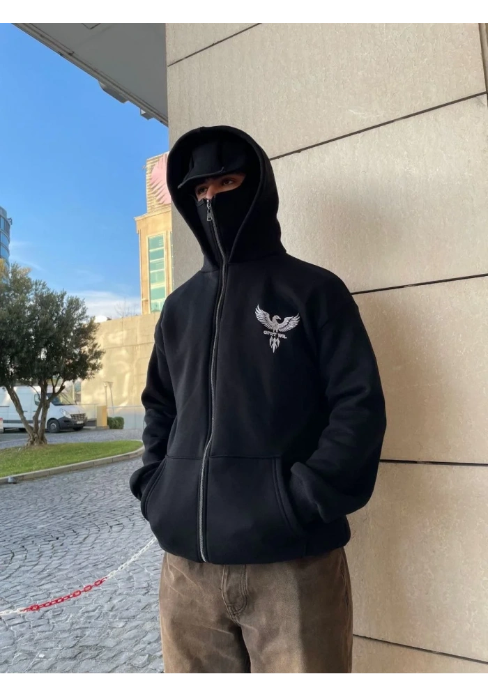 Erkek 3 iplik Samuray kapüşonlu ZIP Fermuarlı SweatShirt Hoodie - Siyah