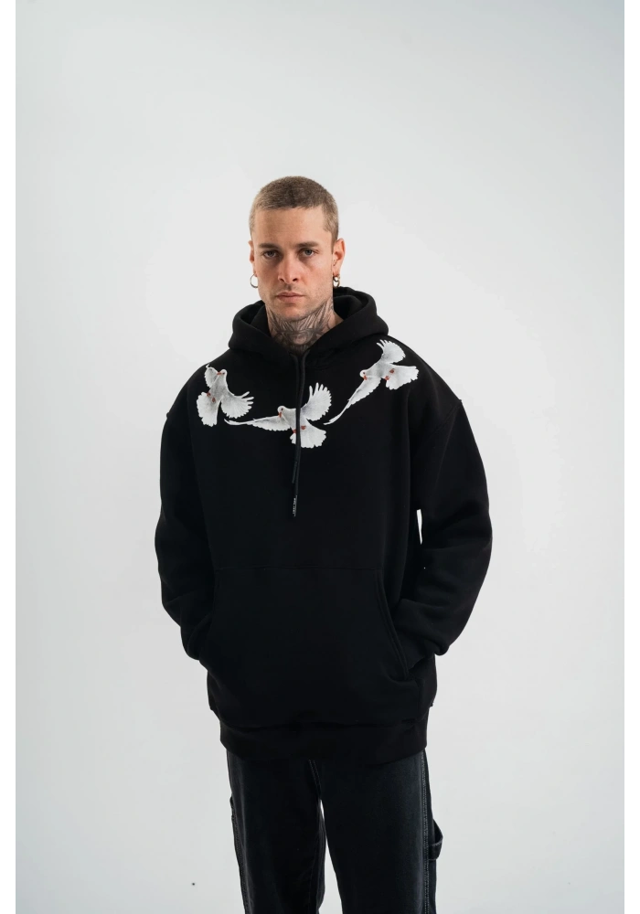 Erkek 3 İplik Pamuklu Kapüşonlu Baskılı Cepli Oversize Sweatshirt Hoodie - Siyah