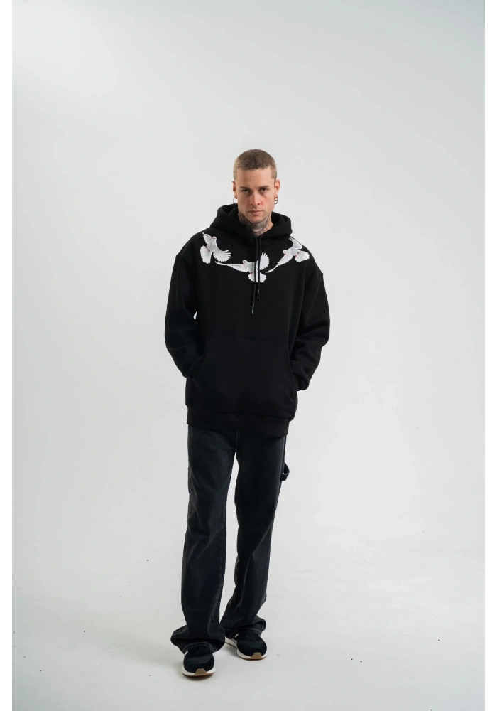 Erkek 3 İplik Pamuklu Kapüşonlu Baskılı Cepli Oversize Sweatshirt Hoodie - Siyah