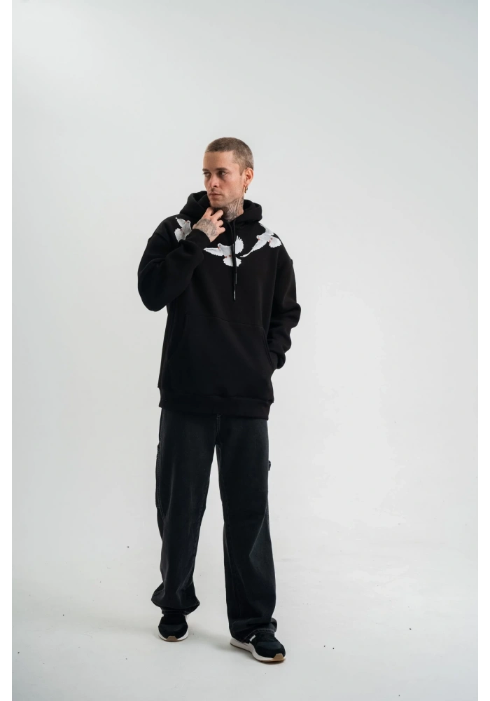 Erkek 3 İplik Pamuklu Kapüşonlu Baskılı Cepli Oversize Sweatshirt Hoodie - Siyah