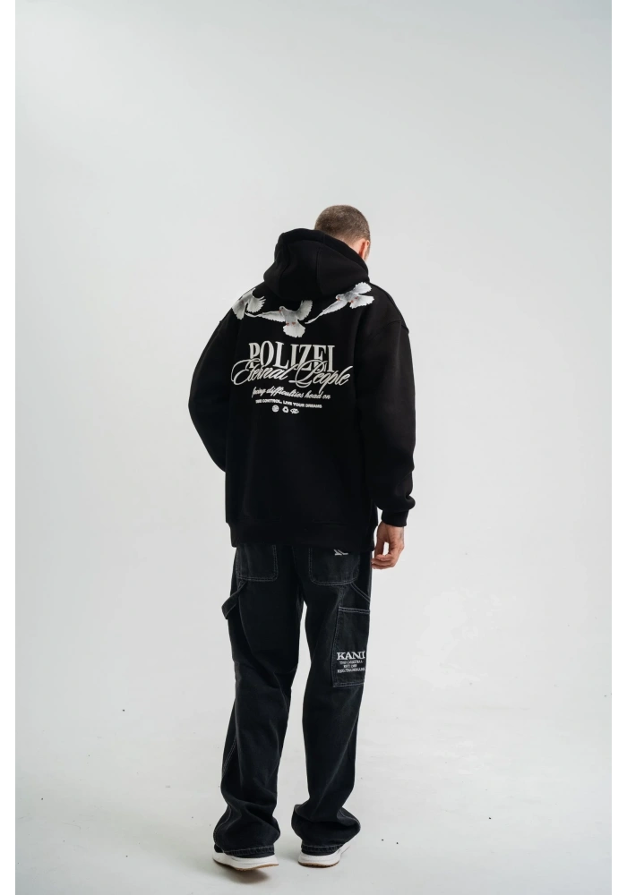 Erkek 3 İplik Pamuklu Kapüşonlu Baskılı Cepli Oversize Sweatshirt Hoodie - Siyah
