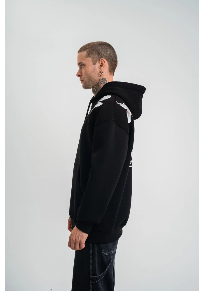 Erkek 3 İplik Pamuklu Kapüşonlu Baskılı Cepli Oversize Sweatshirt Hoodie - Siyah