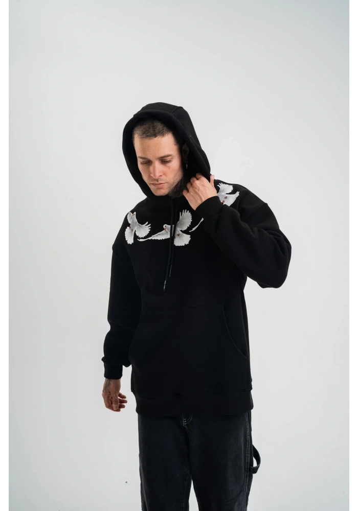 Erkek 3 İplik Pamuklu Kapüşonlu Baskılı Cepli Oversize Sweatshirt Hoodie - Siyah