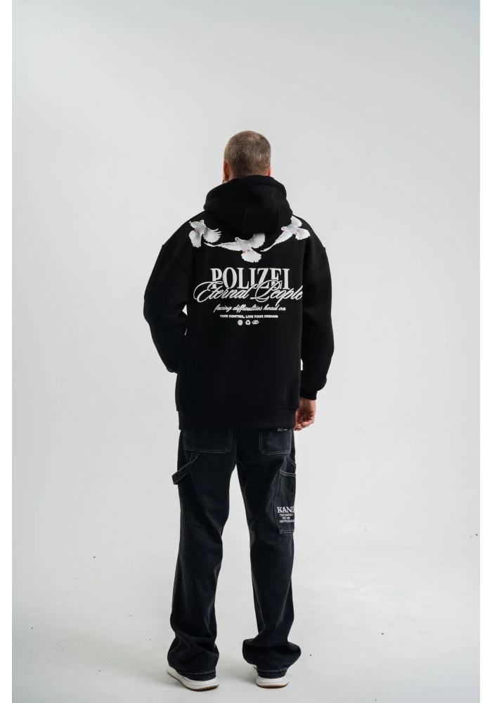 Erkek 3 İplik Pamuklu Kapüşonlu Baskılı Cepli Oversize Sweatshirt Hoodie - Siyah