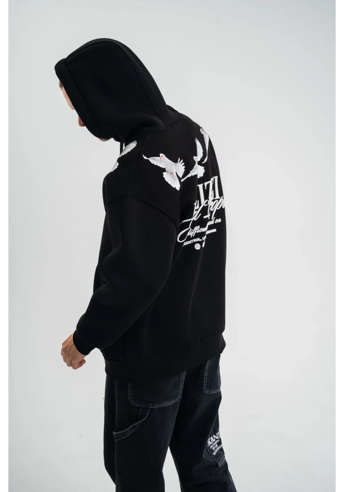 Erkek 3 İplik Pamuklu Kapüşonlu Baskılı Cepli Oversize Sweatshirt Hoodie - Siyah