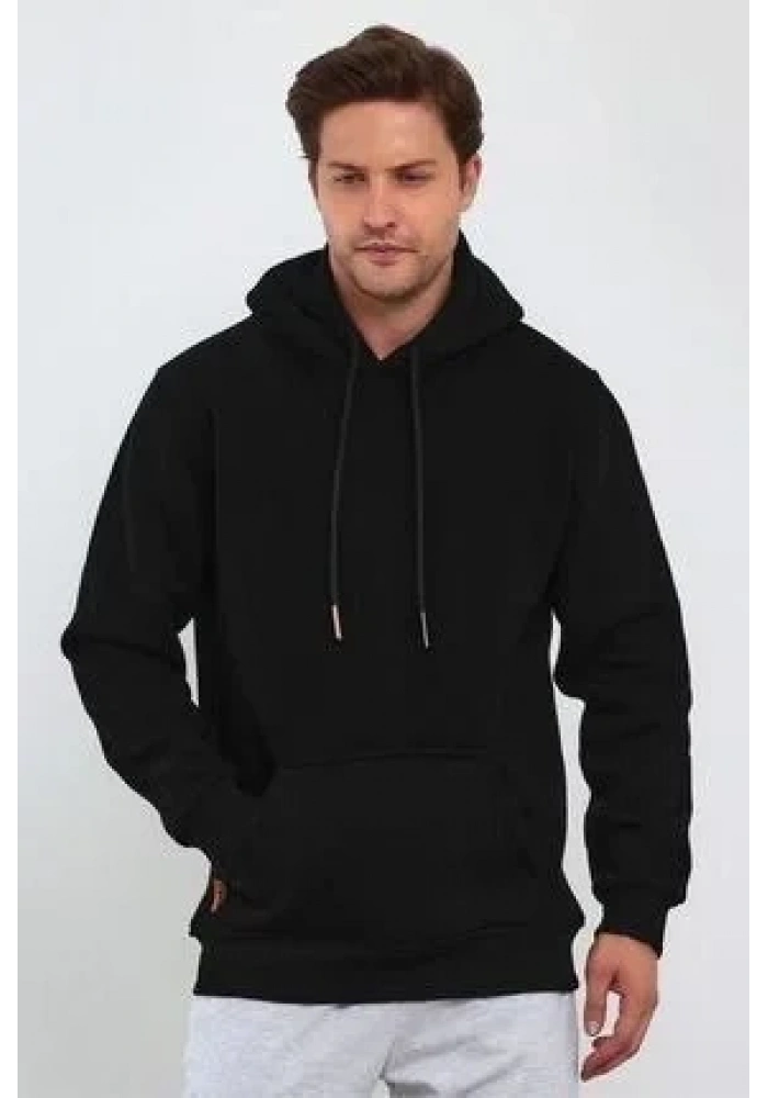 Erkek 3 İplik Pamuklu Kapüşonlu Cepli Oversize Hoodie Sweatshirt - Siyah