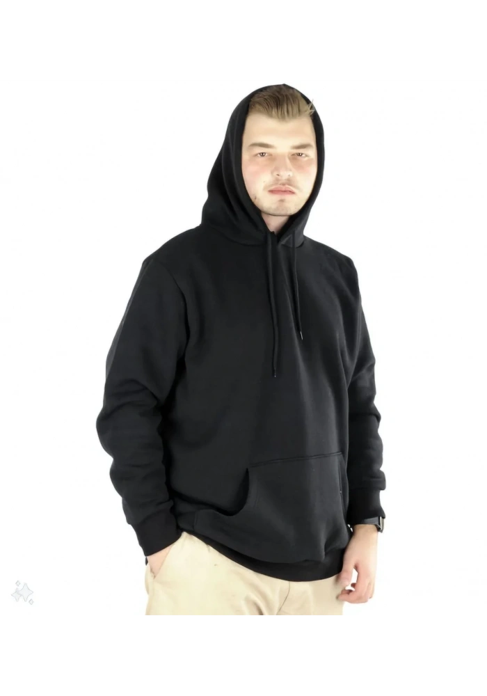 Erkek 3 İplik Pamuklu Kapüşonlu Cepli Oversize Hoodie Sweatshirt - Siyah
