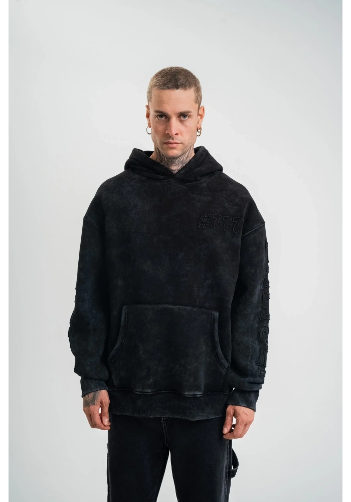 ERKEK 3 iplik Pamuklu Kapüşonlu Yıkamalı Nakışlı Hoodie SweatShirt - Siyah