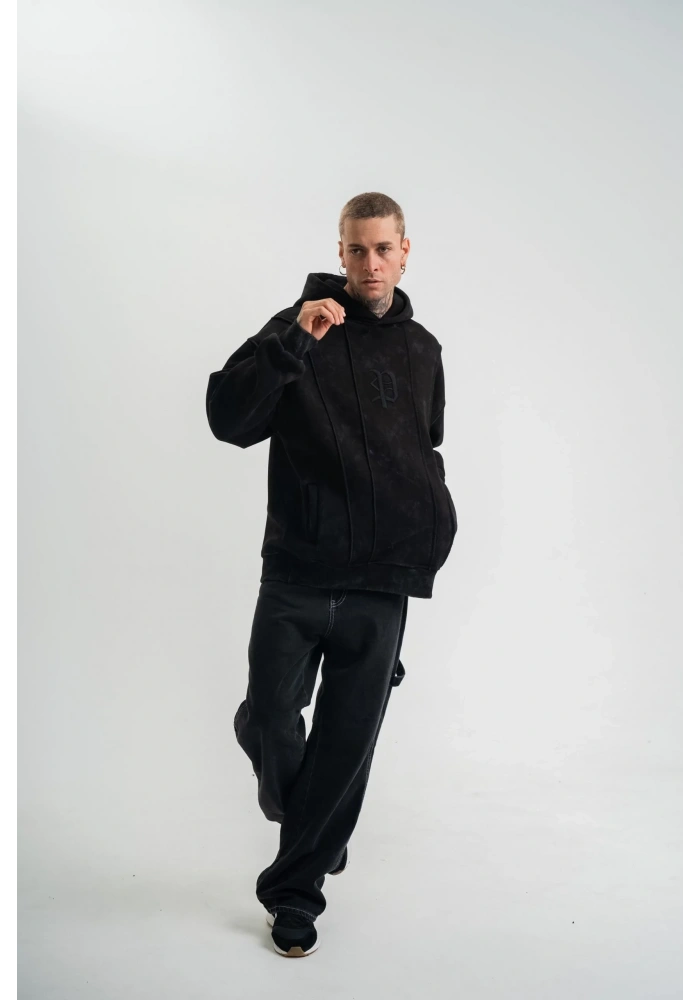 ERKEK 3 iplik Pamuklu Kapüşonlu Yıkamalı Nakışlı Hoodie SweatShirt - Siyah