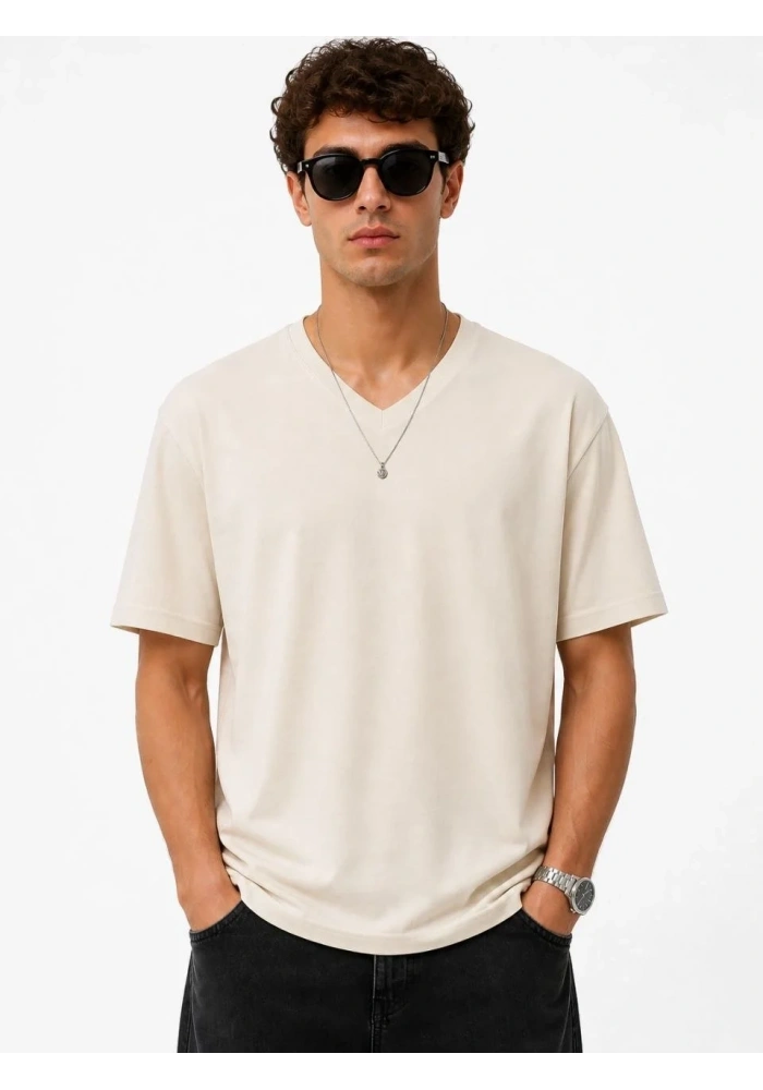 Erkek V Yaka Basic Tişört Kısa Kol Yazlık Regular Fit T-Shirt - Bej