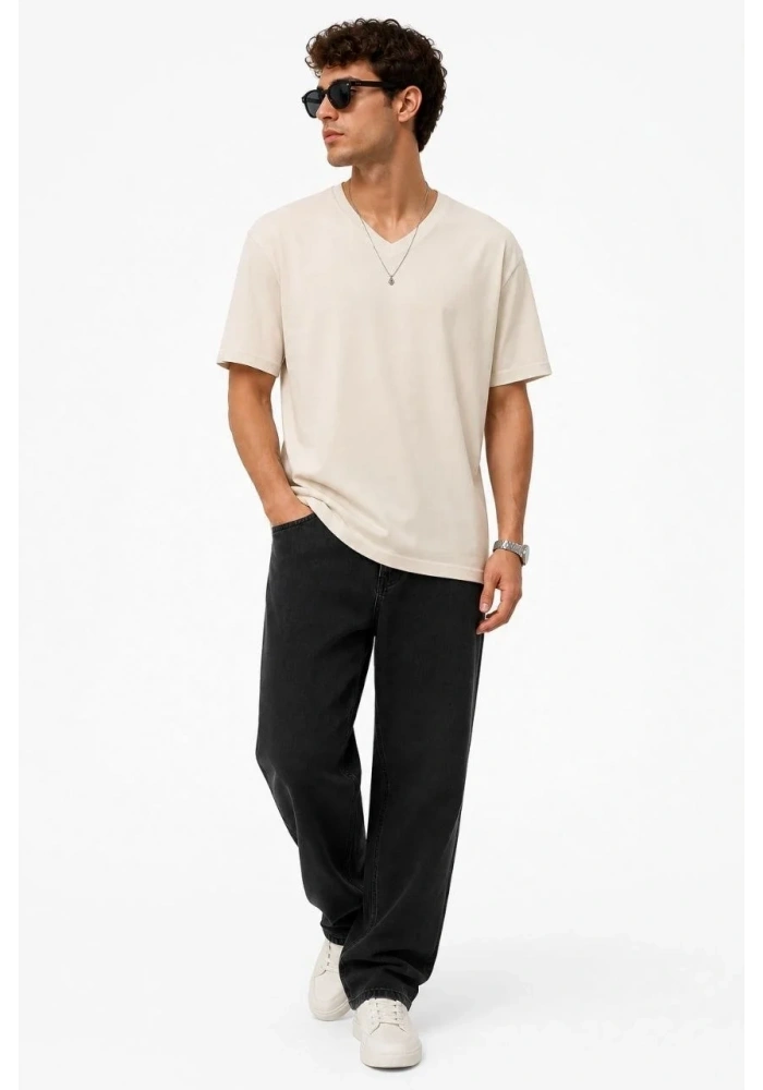 Erkek V Yaka Basic Tişört Kısa Kol Yazlık Regular Fit T-Shirt - Bej