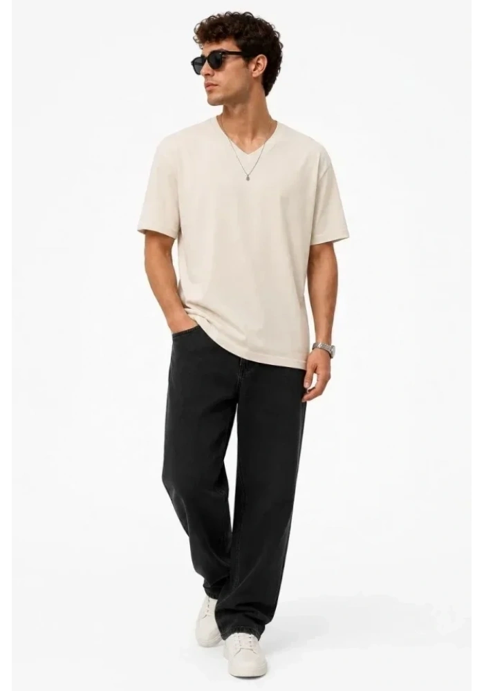 Erkek V Yaka Basic Tişört Kısa Kol Yazlık Regular Fit T-Shirt - Bej