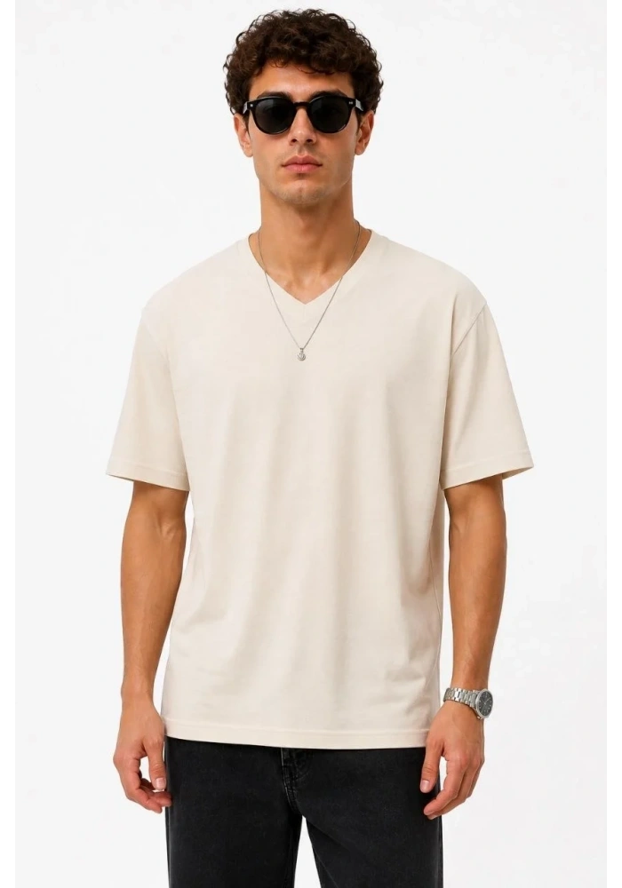 Erkek V Yaka Basic Tişört Kısa Kol Yazlık Regular Fit T-Shirt - Bej