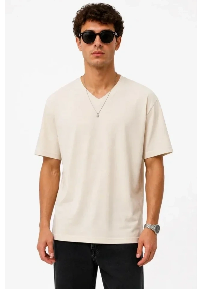 Erkek V Yaka Basic Tişört Kısa Kol Yazlık Regular Fit T-Shirt - Bej