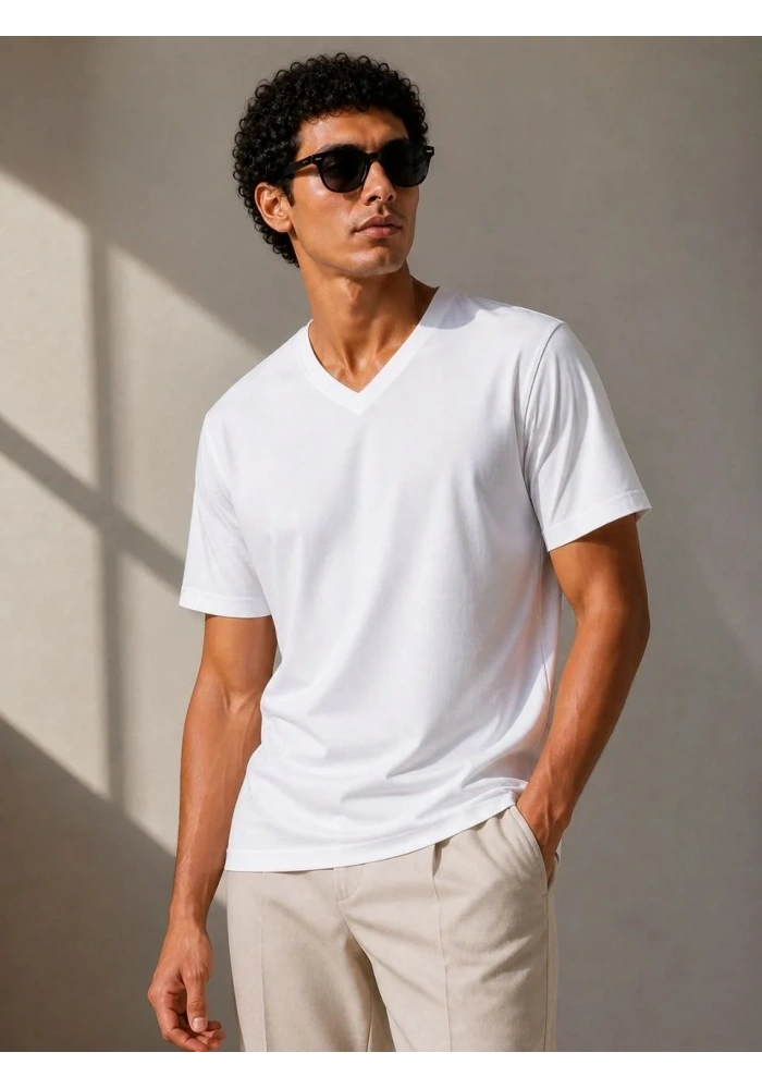 Erkek V Yaka Basic Tişört Kısa Kol Yazlık Regular Fit T-Shirt - Beyaz