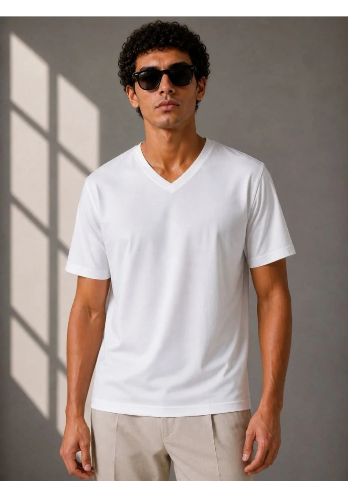 Erkek V Yaka Basic Tişört Kısa Kol Yazlık Regular Fit T-Shirt - Beyaz