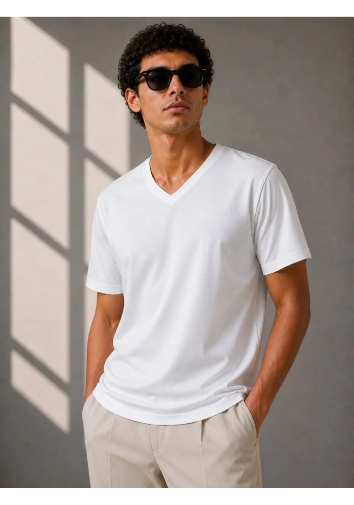 Erkek V Yaka Basic Tişört Kısa Kol Yazlık Regular Fit T-Shirt - Beyaz