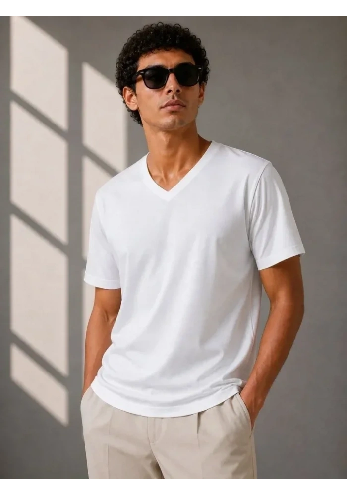 Erkek V Yaka Basic Tişört Kısa Kol Yazlık Regular Fit T-Shirt - Beyaz