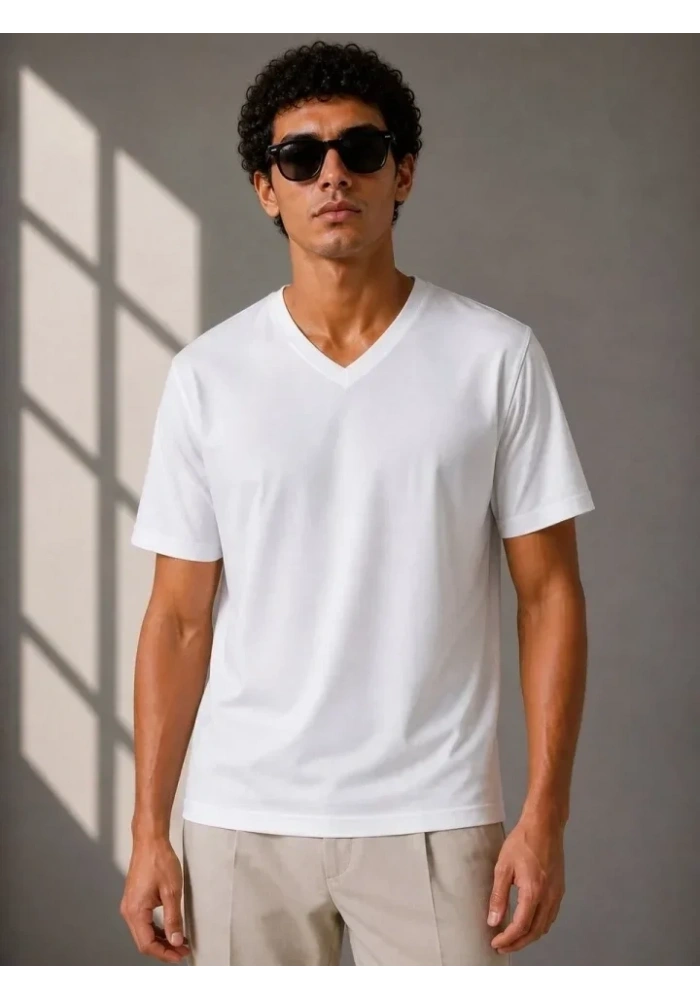 Erkek V Yaka Basic Tişört Kısa Kol Yazlık Regular Fit T-Shirt - Beyaz