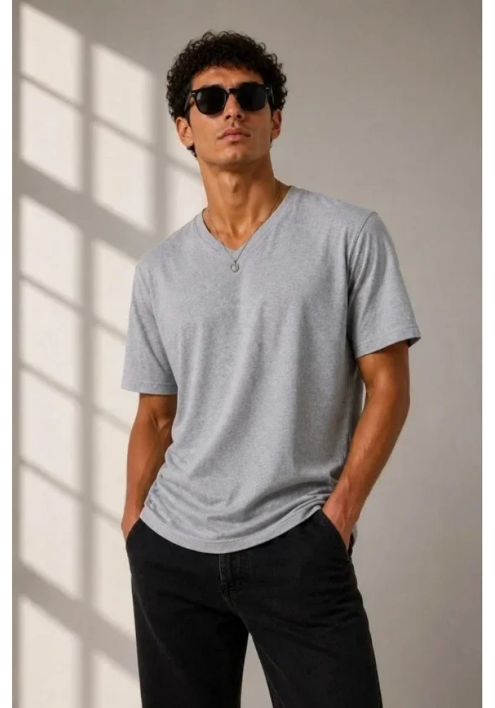 Erkek V Yaka Basic Tişört Kısa Kol Yazlık Regular Fit T-Shirt - Gri