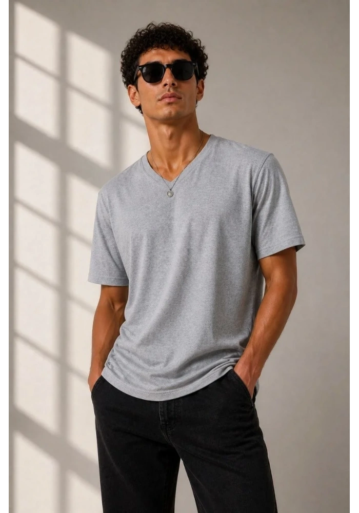 Erkek V Yaka Basic Tişört Kısa Kol Yazlık Regular Fit T-Shirt - Gri