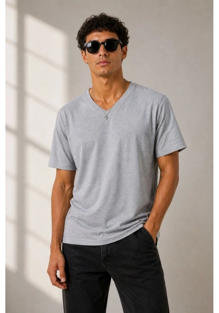 Erkek V Yaka Basic Tişört Kısa Kol Yazlık Regular Fit T-Shirt - Gri